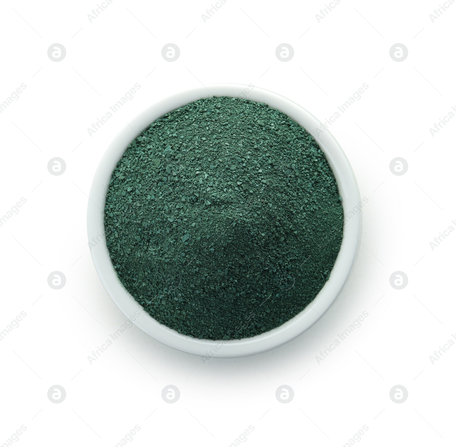 Photo of Bowl with spirulina algae powder on white background, top view