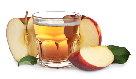 Photo of Delicious cider in glass near pieces of ripe apple on white background