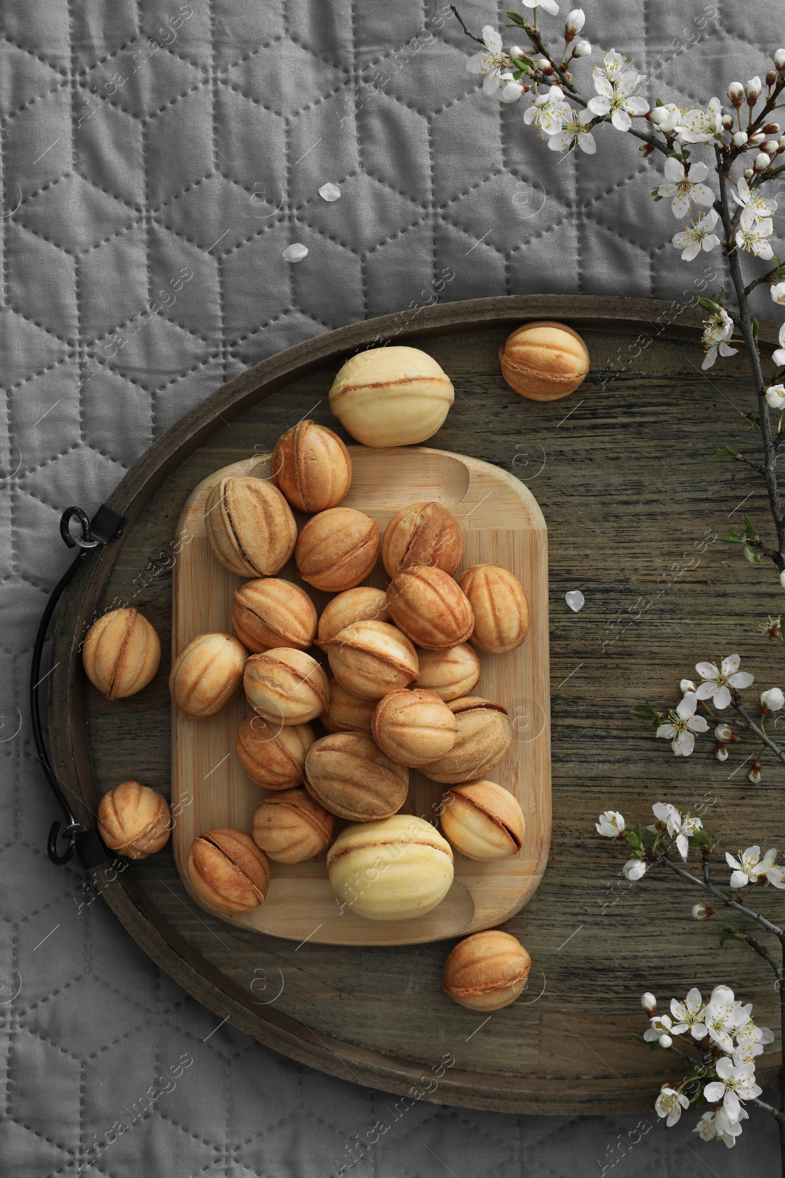 Photo of Delicious walnut shaped cookies with filling and cherry branch on grey blanket, top view. Homemade popular biscuits from childhood