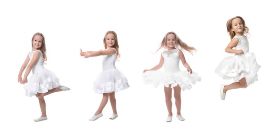 Image of Cute little girl dancing and jumping on white background, set of photos