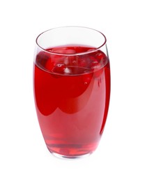 Photo of Tasty cranberry juice in glass and fresh berries isolated on white
