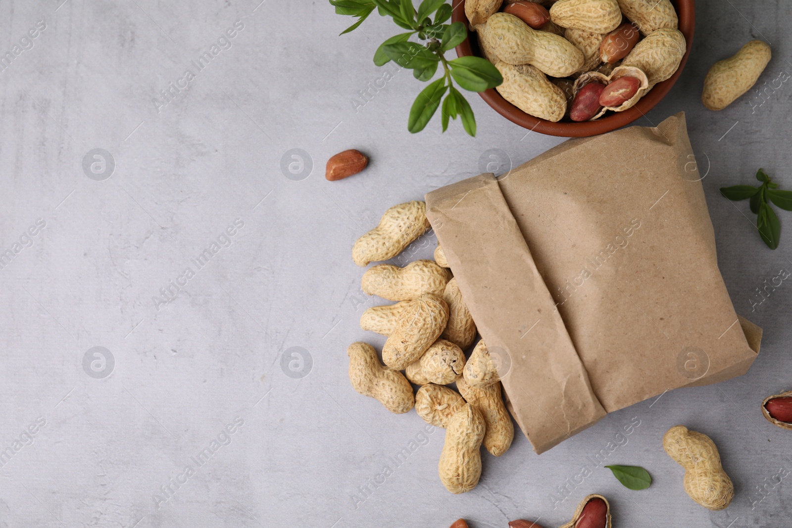 Photo of Paper bag with fresh unpeeled peanuts and leaves on grey table, flat lay. Space for text