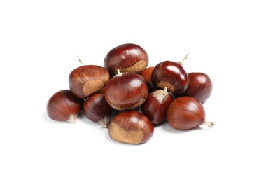 Photo of Fresh sweet edible chestnuts on white background