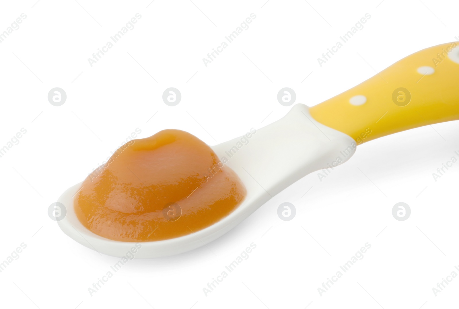 Photo of Healthy baby food in spoon isolated on white