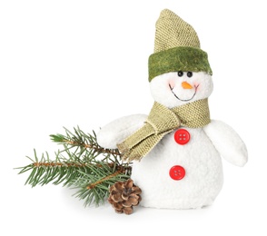 Photo of Cute snowman toy, fir tree and pine cone isolated on white. Christmas decoration