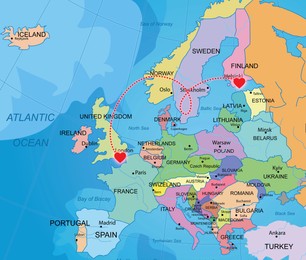 Illustration of Love in long-distance relationship. Connecting line of red hearts between England and Finland on world map