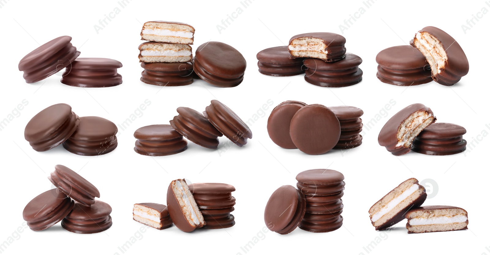 Image of Set with tasty choco pies on white background. Banner design