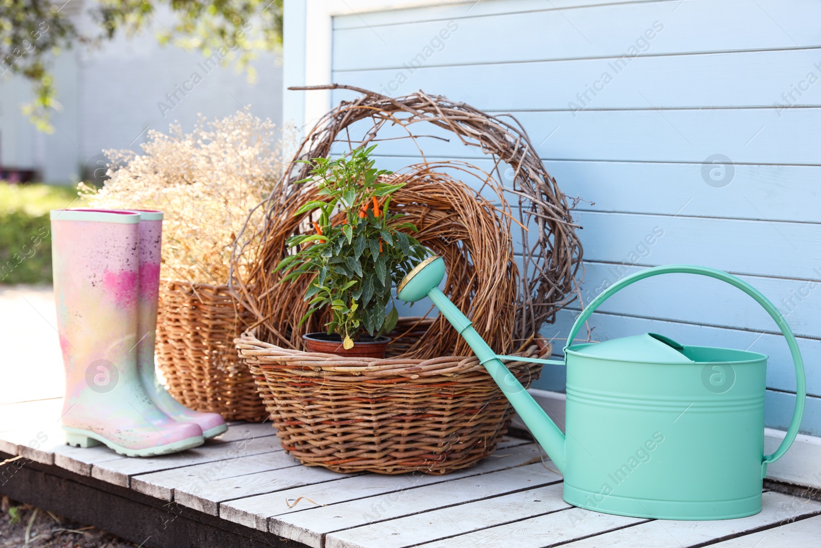 Photo of Rubber boots, watering can, baskets and plant near house outdoors. Gardening tools