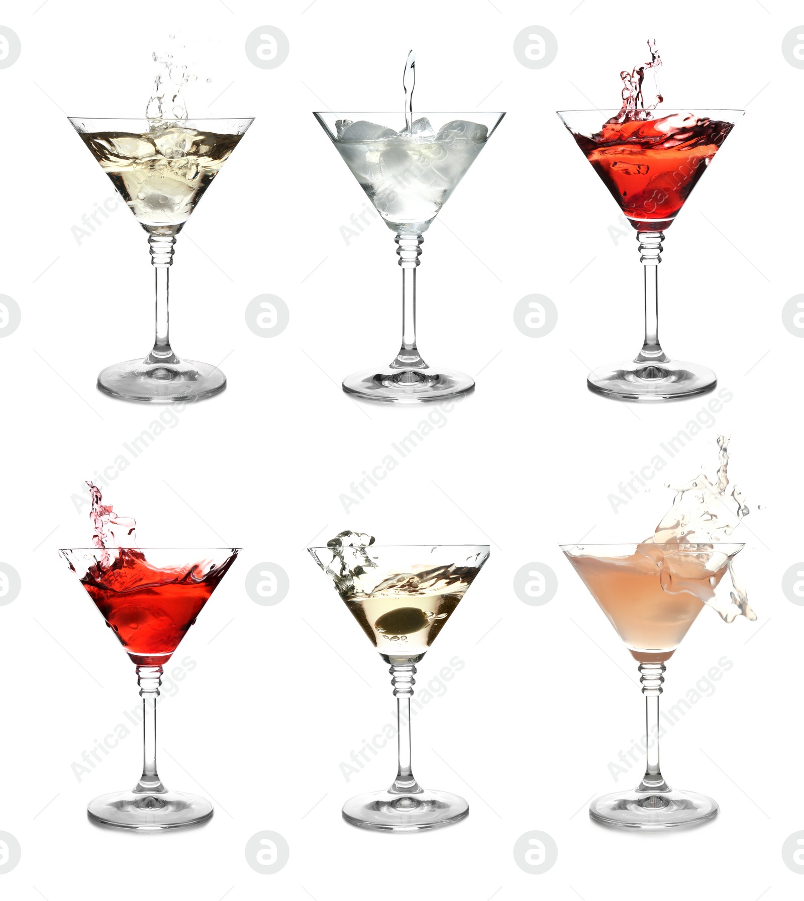 Image of Set with different martini cocktails on white background 