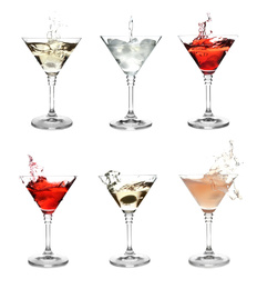 Image of Set with different martini cocktails on white background 