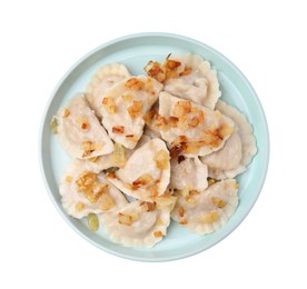 Photo of Cooked dumplings (varenyky) with tasty filling and fried onions on white background, top view