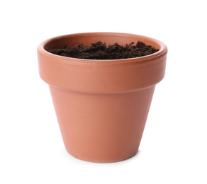 Stylish terracotta flower pot with soil isolated on white