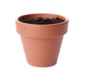 Photo of Stylish terracotta flower pot with soil isolated on white