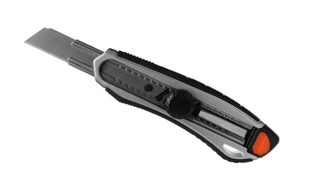 Photo of Grey utility knife isolated on white. Construction tool