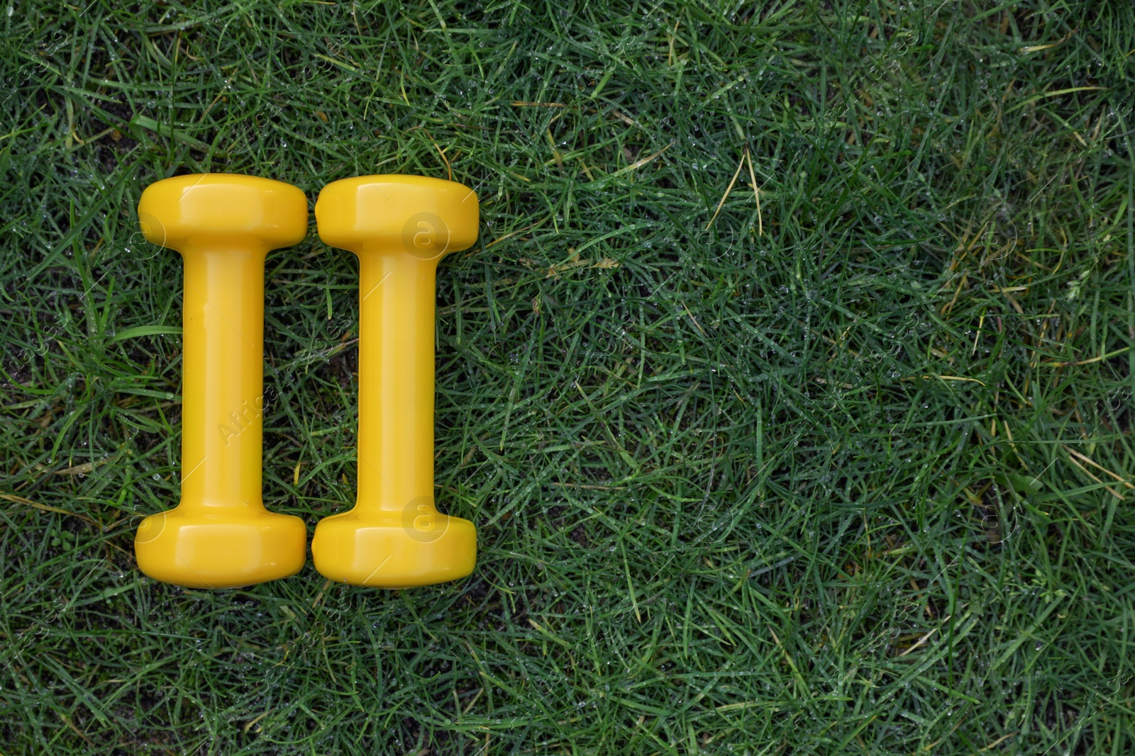 Photo of Yellow dumbbells on green grass, top view with space for text. Morning exercise