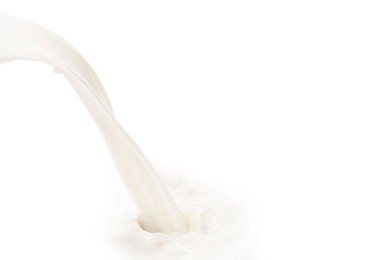 Photo of Pouring tasty fresh milk, closeup. Dairy product