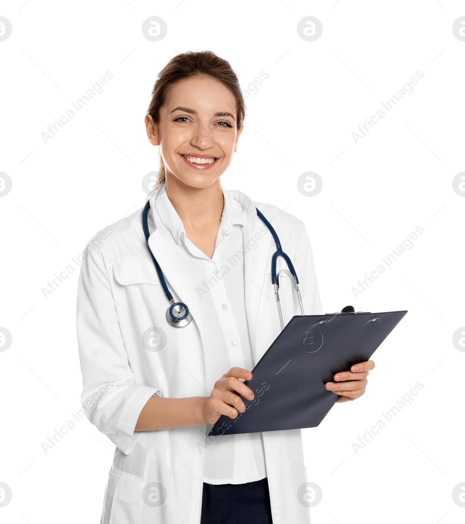 Photo of Portrait of medical doctor with clipboard and stethoscope isolated on white