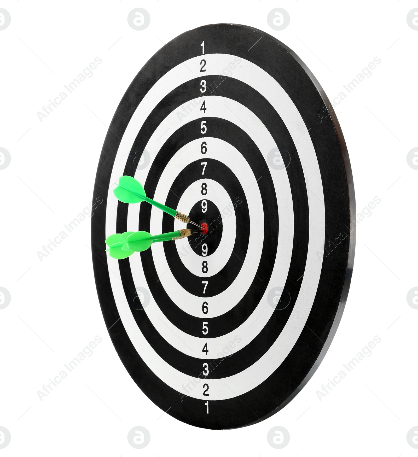 Photo of Green arrows hitting target on dart board against white background