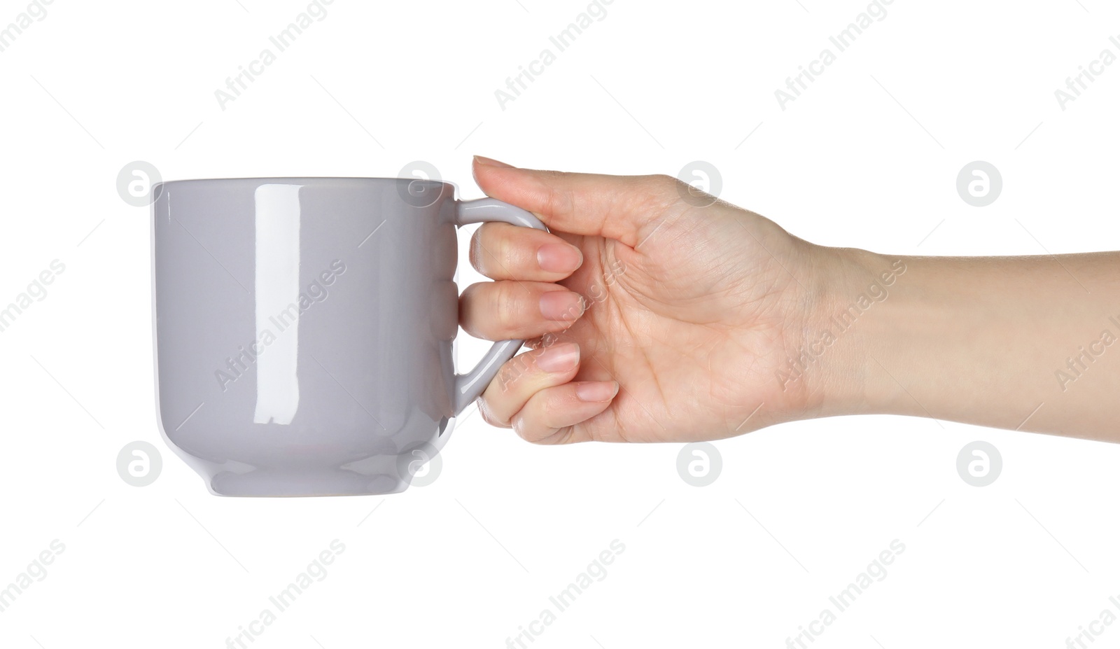 Photo of Woman holding grey cup on white background, closeup