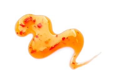 Delicious sweet chili sauce on white background, top view