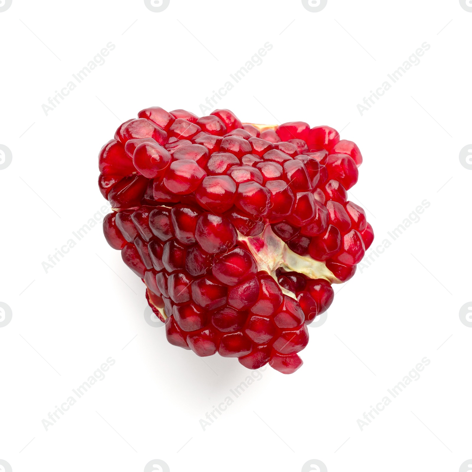 Photo of Fresh ripe pomegranate seeds isolated on white, top view