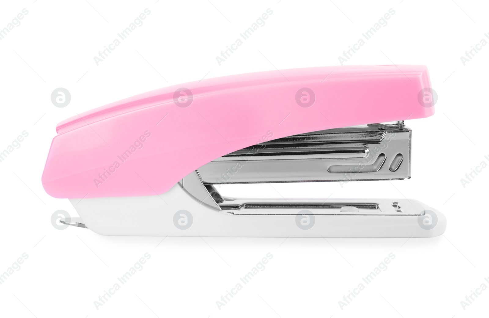 Photo of One new pink stapler isolated on white