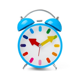 Photo of Alarm clock on white background. Time concept