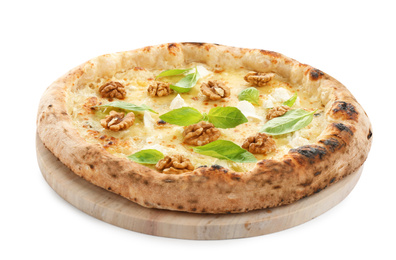Photo of Delicious cheese pizza with walnuts and basil isolated on white