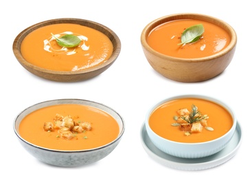 Image of Set of fresh pumpkin soups on white background