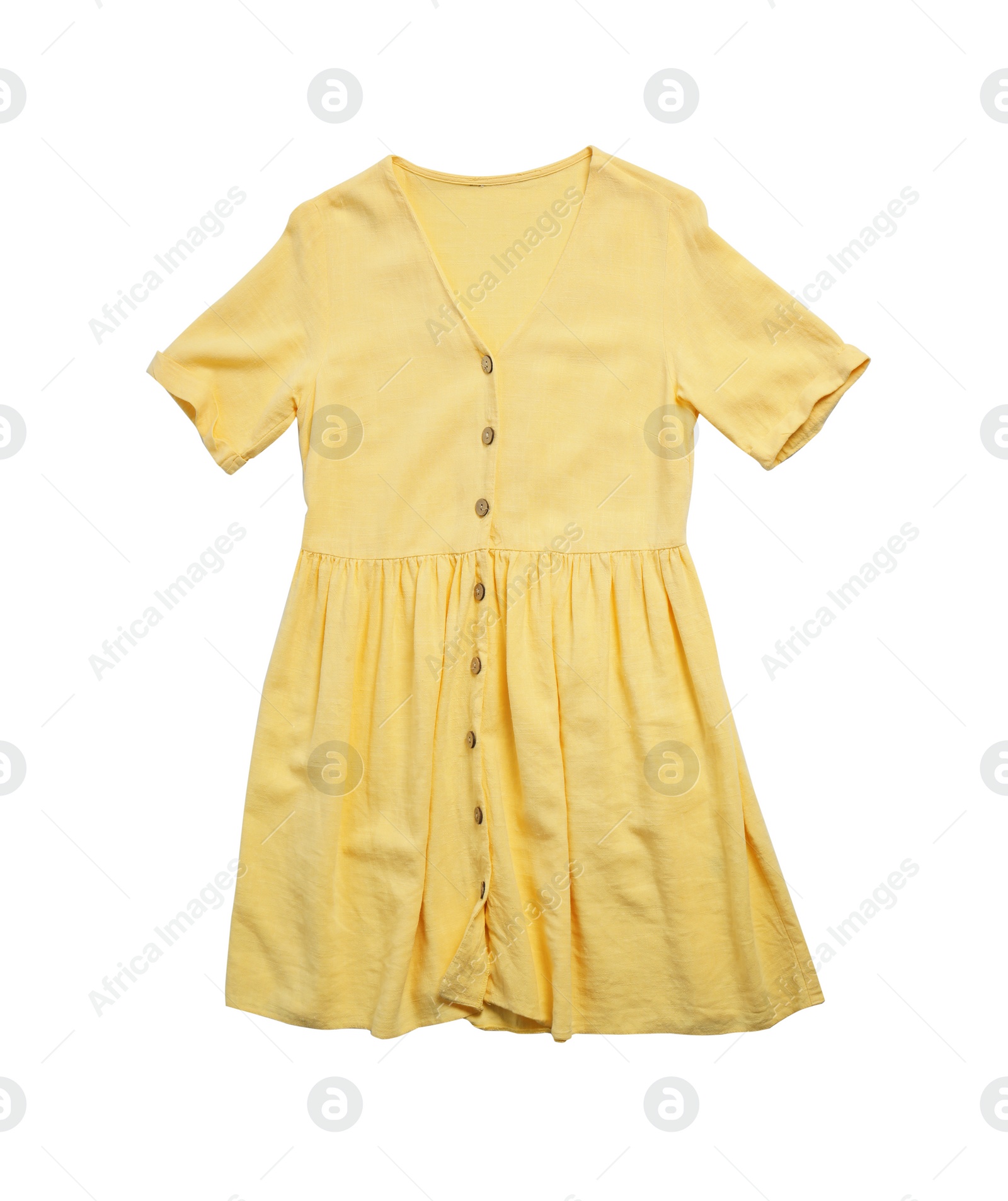 Photo of Short yellow dress isolated on white, top view