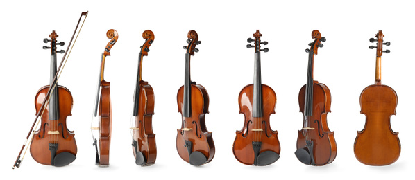 Image of Set of classic violins on white background. Banner design