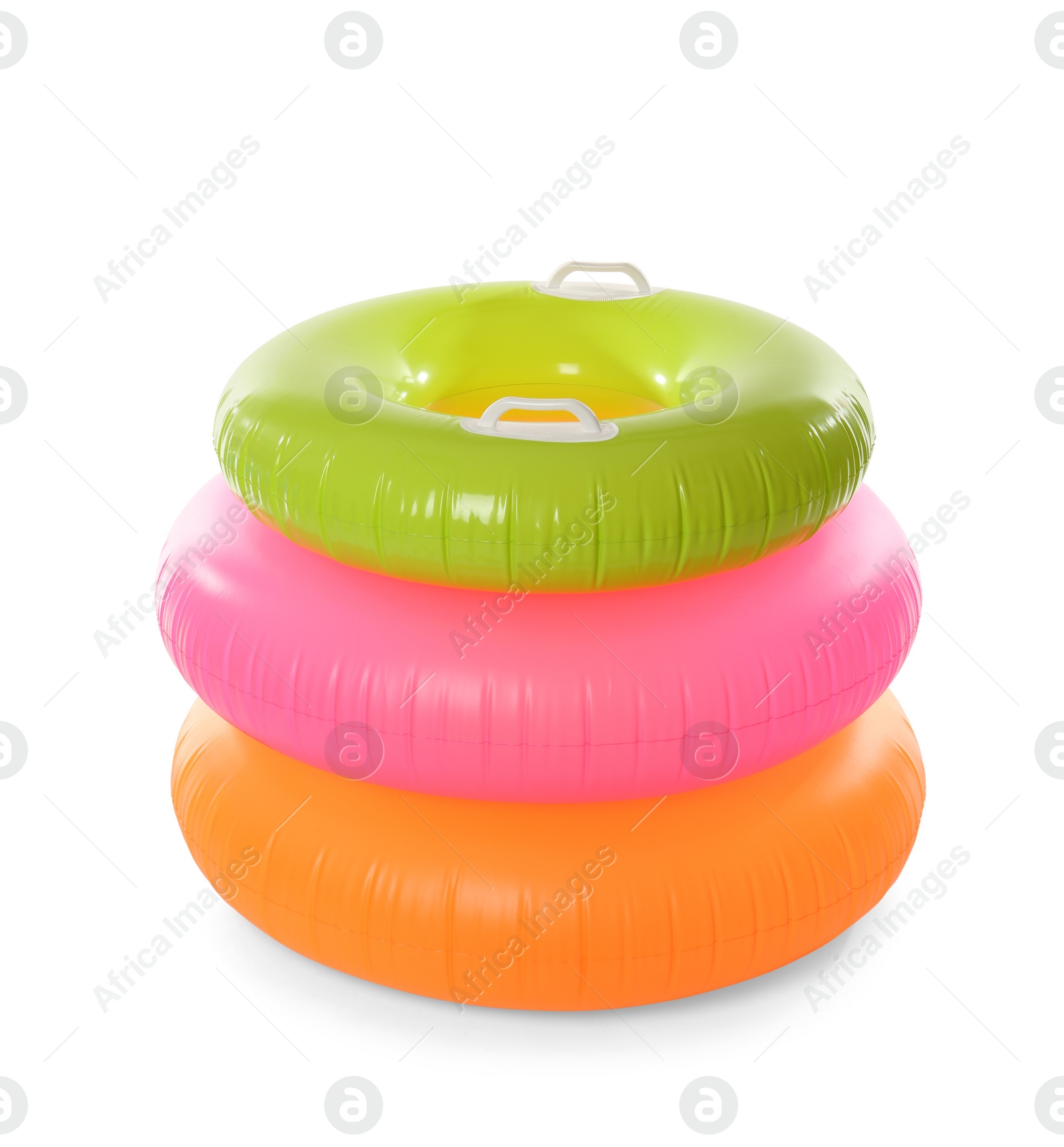 Photo of Different inflatable rings on white background. Summer holidays