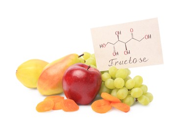Photo of Card with word Fructose, delicious ripe fruits and dried apricots isolated on white