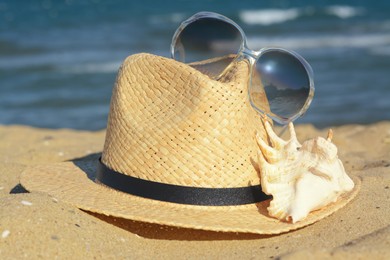 Photo of Stylish straw hat, sunglasses and sea shell on sandy beach, closeup
