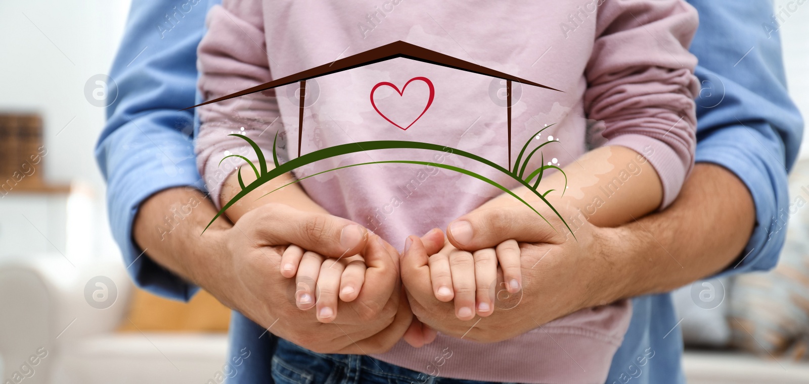 Image of Father holding hands with child and illustration of house indoors, closeup. Adoption concept