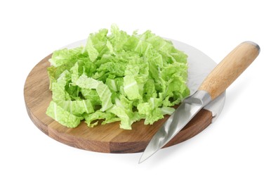 Photo of Pile of shredded fresh Chinese cabbage, board and knife isolated on white