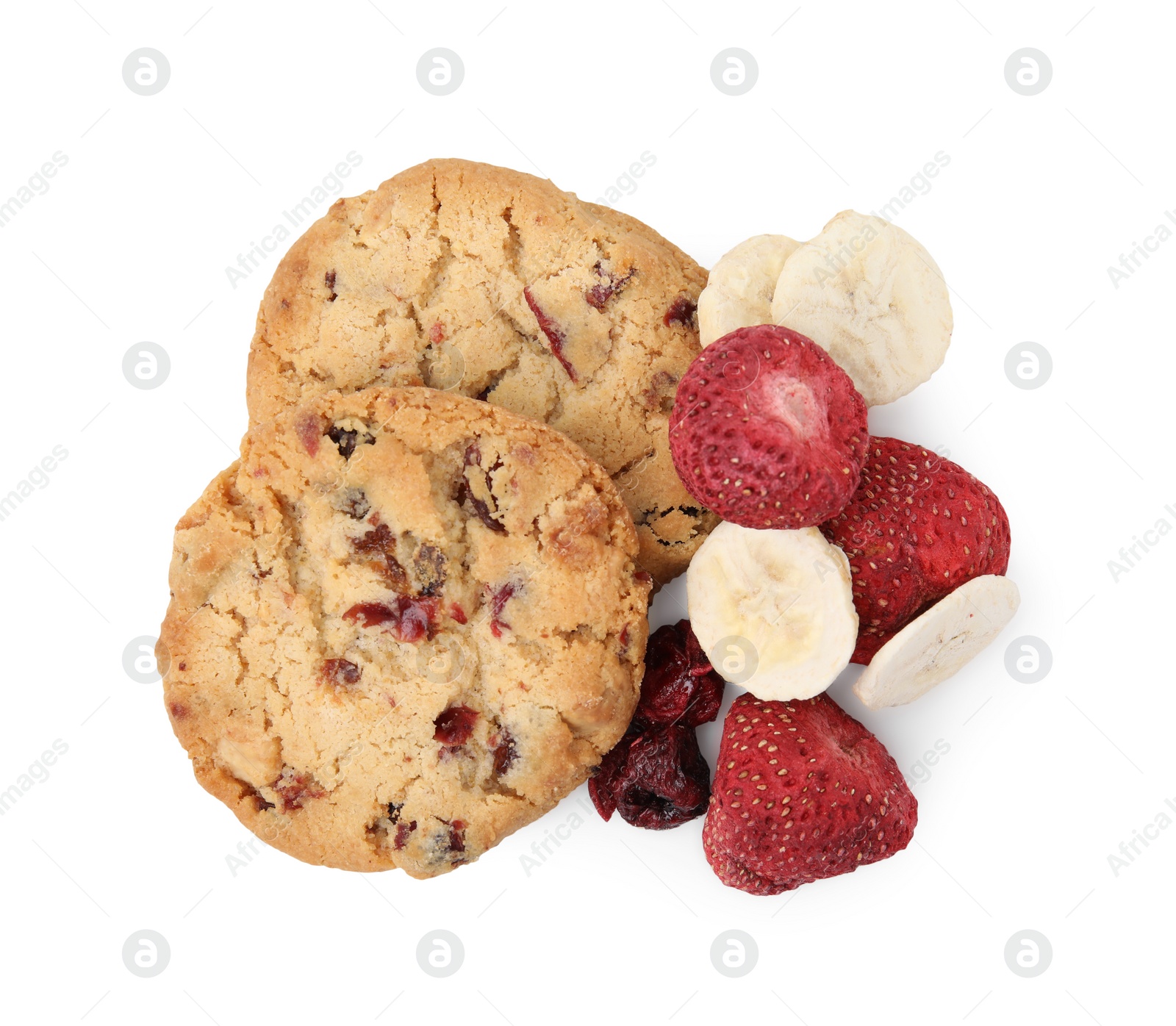 Cookies and freeze dried fruits isolated on white, top view Photo of Cookies and freeze dried fruits isolated on white, top view