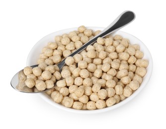 Photo of Tasty sweet cereal balls in bowl and spoon isolated on white