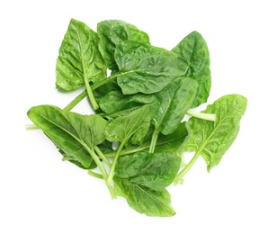 Pile of fresh spinach leaves isolated on white, top view