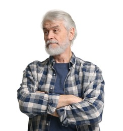 Senior man with mustache on white background