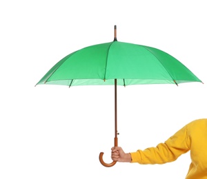 Photo of Person holding beautiful open umbrella on white background