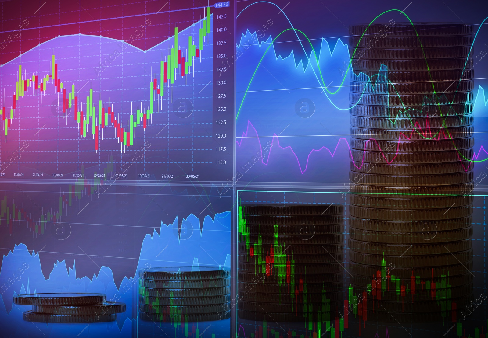 Image of Double exposure of electronic trading platform and stacked coins. Stock exchange