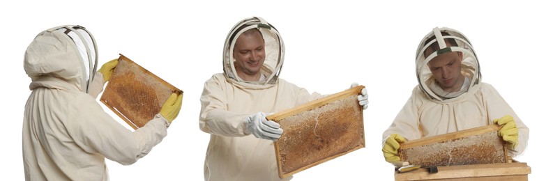 Image of Collage with photos of beekeeper in uniform holding frames with honeycombs on white background. Banner design