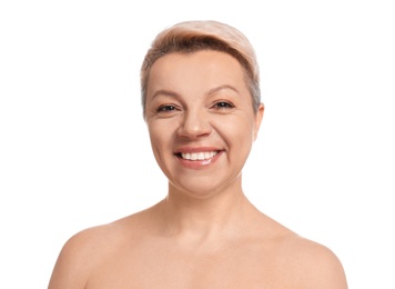 Mature woman with beautiful face on white background