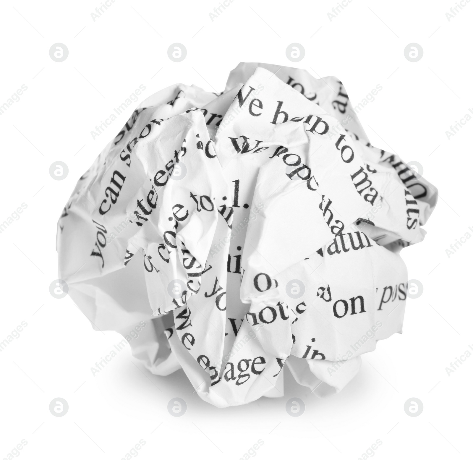 Photo of Crumpled sheet of paper with printed text isolated on white