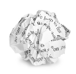 Photo of Crumpled sheet of paper with printed text isolated on white