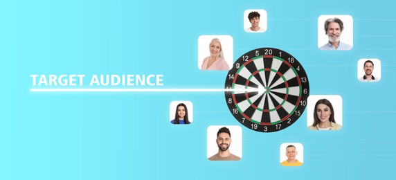 Image of Arrow and words Target Audience pointing into middle of dartboard on light blue background, banner design. Photos of potential clients around