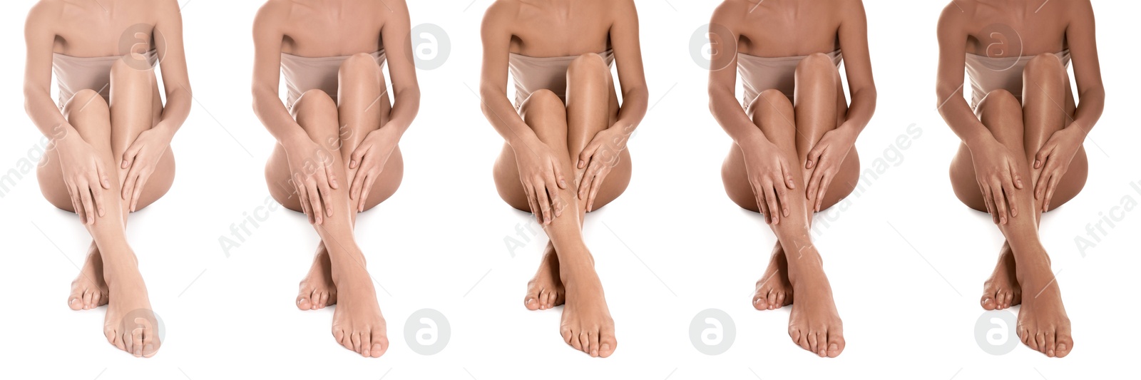 Image of Woman with beautiful legs on white background, closeup. Collage of photos showing stages of suntanning