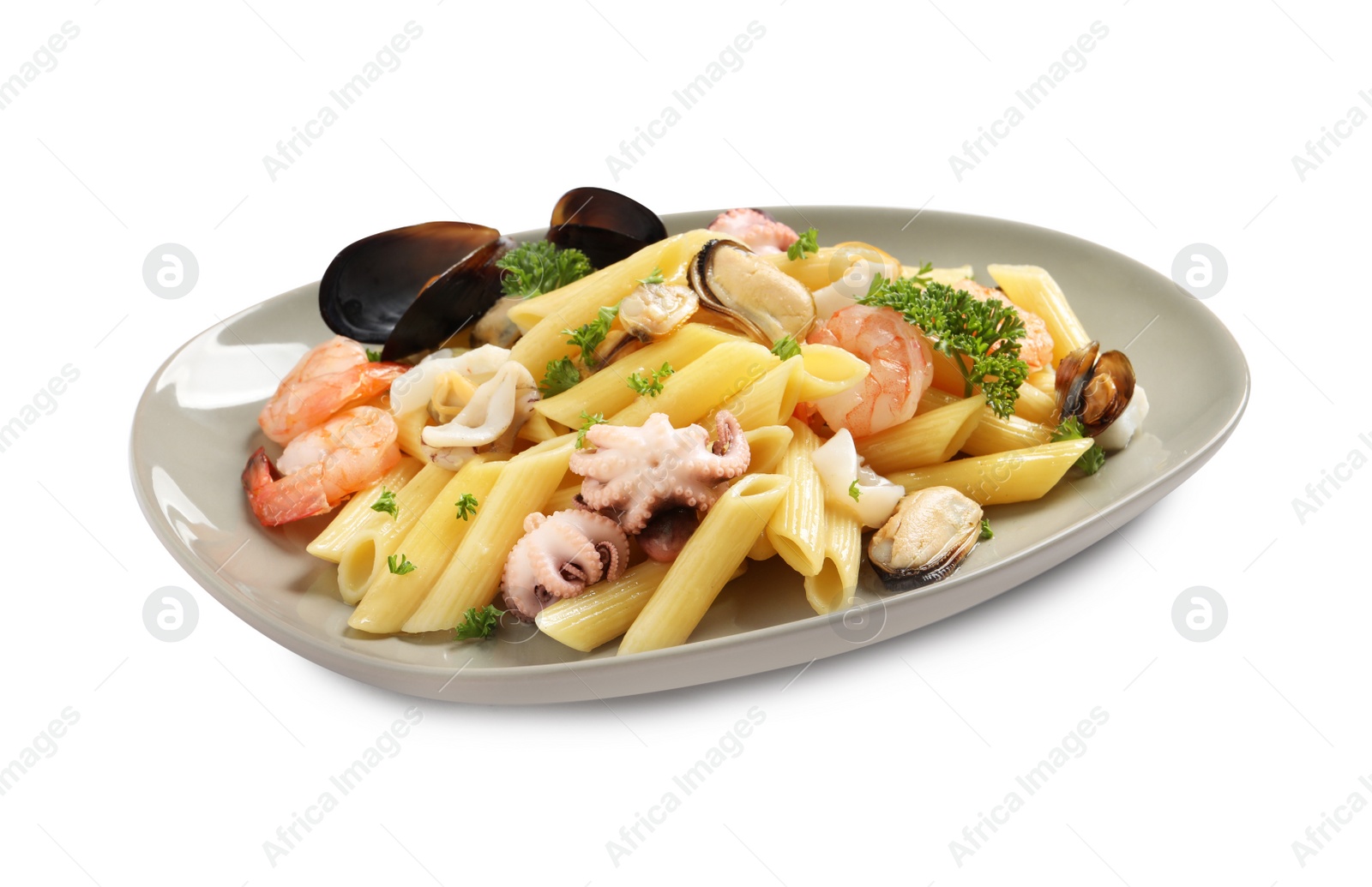 Photo of Delicious pasta with sea food in plate isolated on white