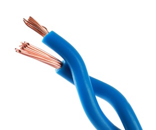 Photo of Light blue electrical wires on white background